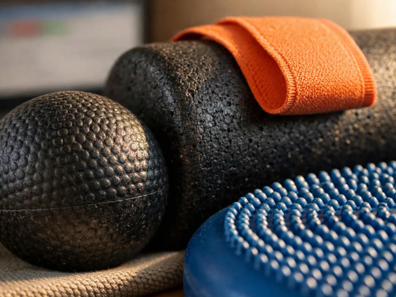 Three textured foam rollers and a blue balance pad sit on a floor with an orange strap draped over one roller