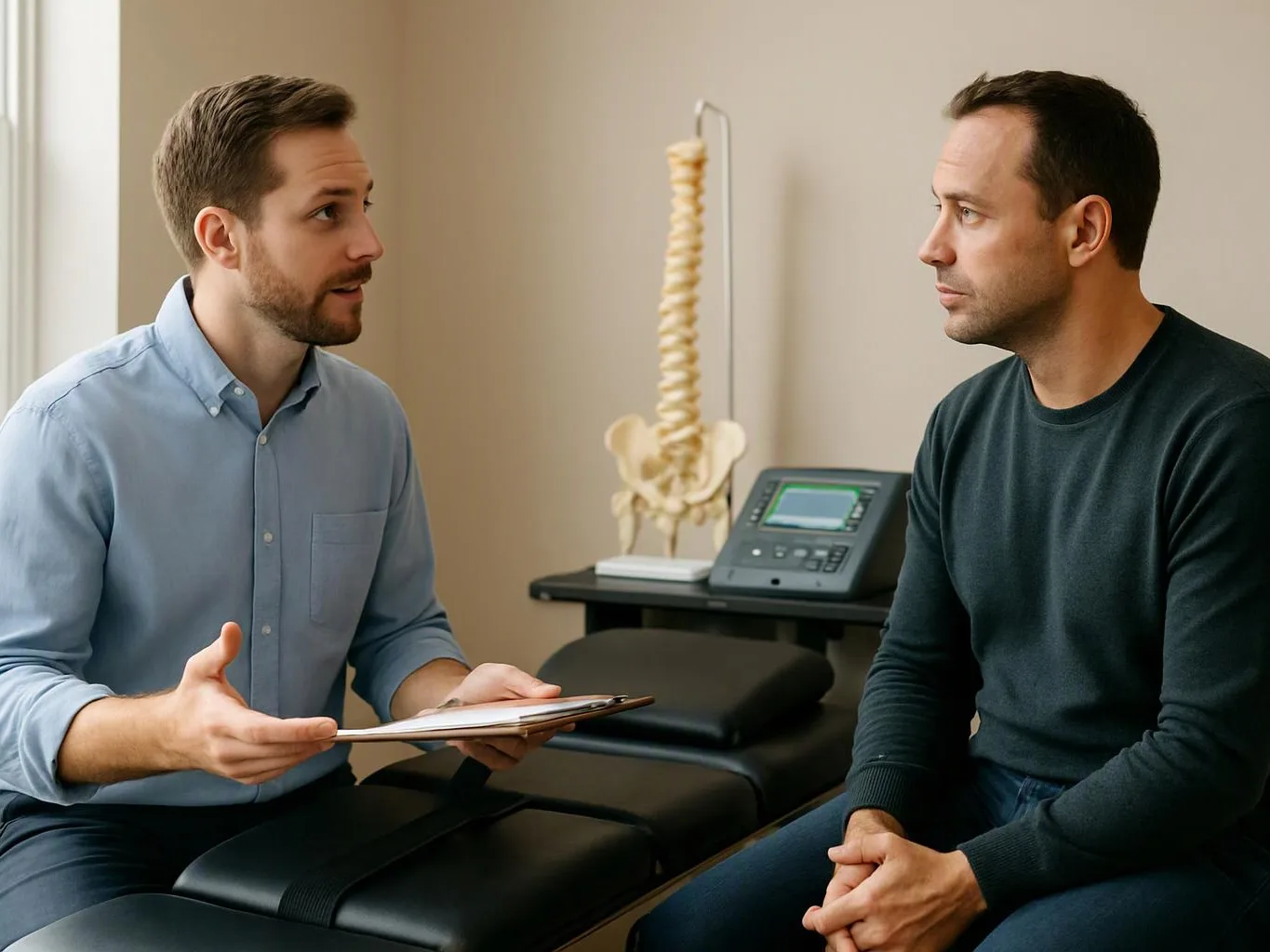 Two men talk in a clinic room beside a spine model and treatment table