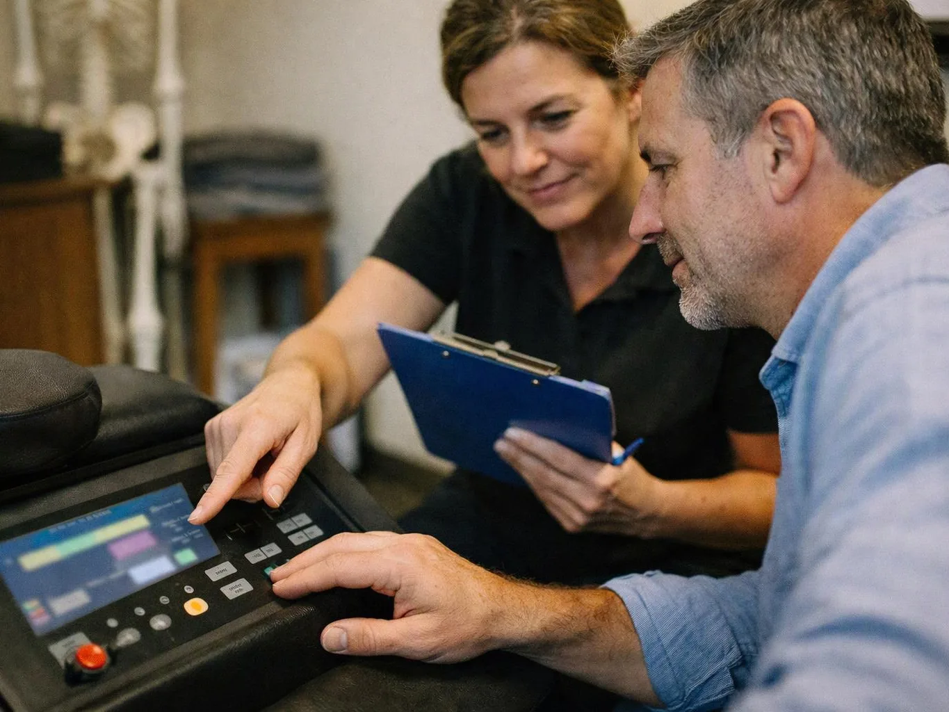 Two people lean over a machine screen, one pointing while the other holds a blue clipboard in a workshop