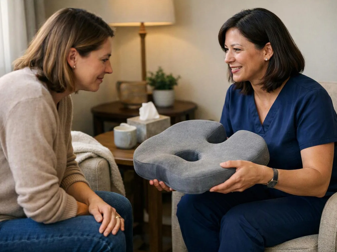 Two women sit in a cozy room as one hands the other a gray support cushion