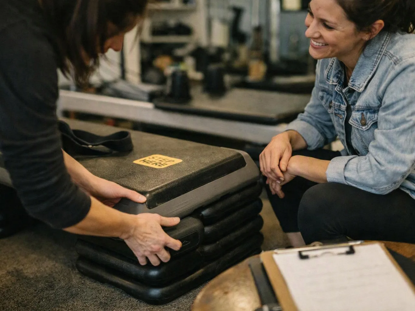 Two women sit on a gym floor as one lifts a step platform while the other smiles beside her
