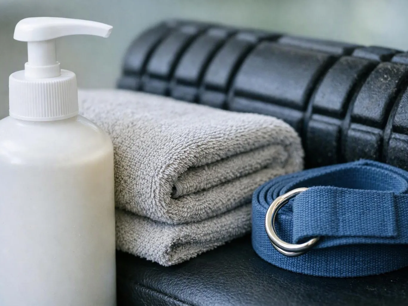 A white pump bottle sits beside folded towels, a blue strap, and black exercise equipment on a bench