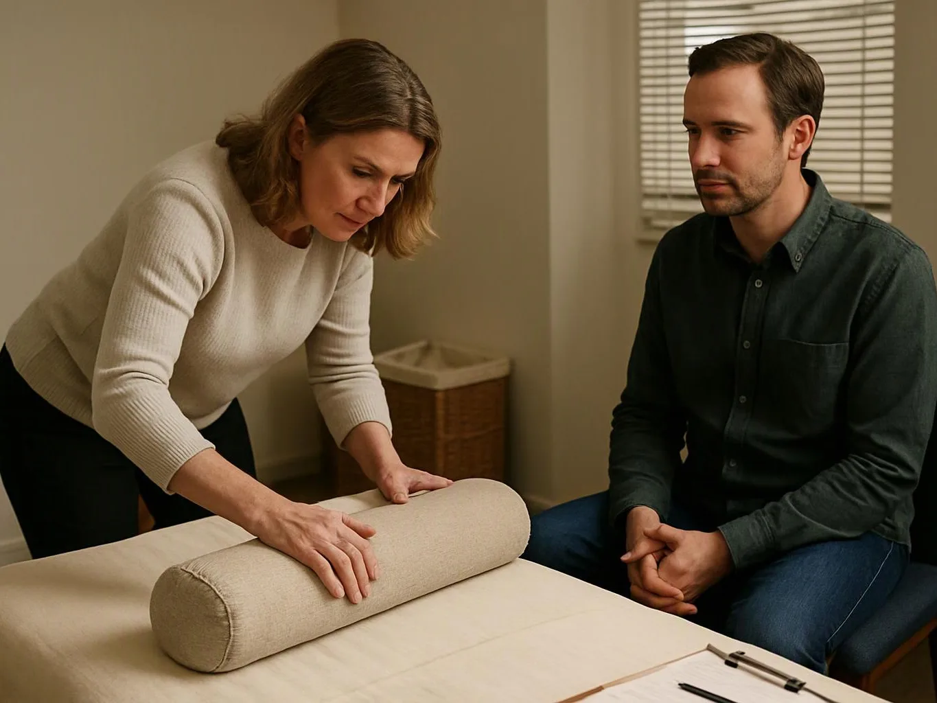 A woman adjusts a rolled cushion on a table while a seated man watches in a quiet room