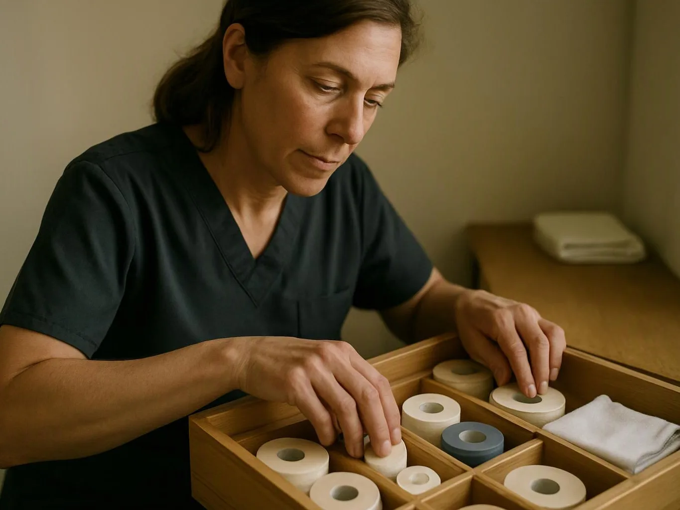 A woman in dark scrubs sorts round medical supplies in a wooden tray indoors