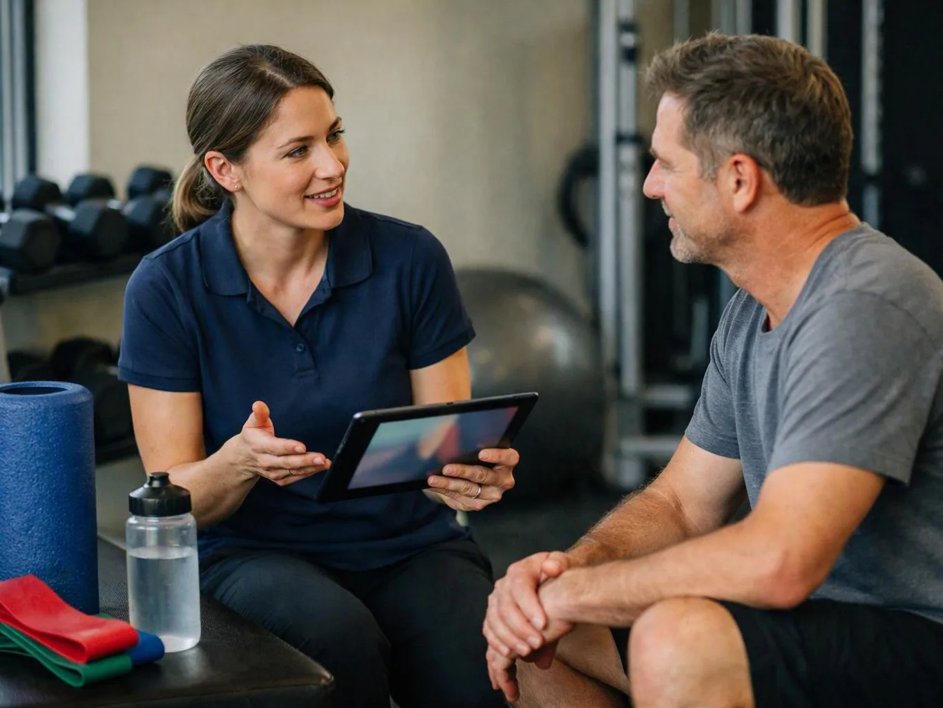 A woman in a navy polo talks to a seated man in a gym while holding a tablet