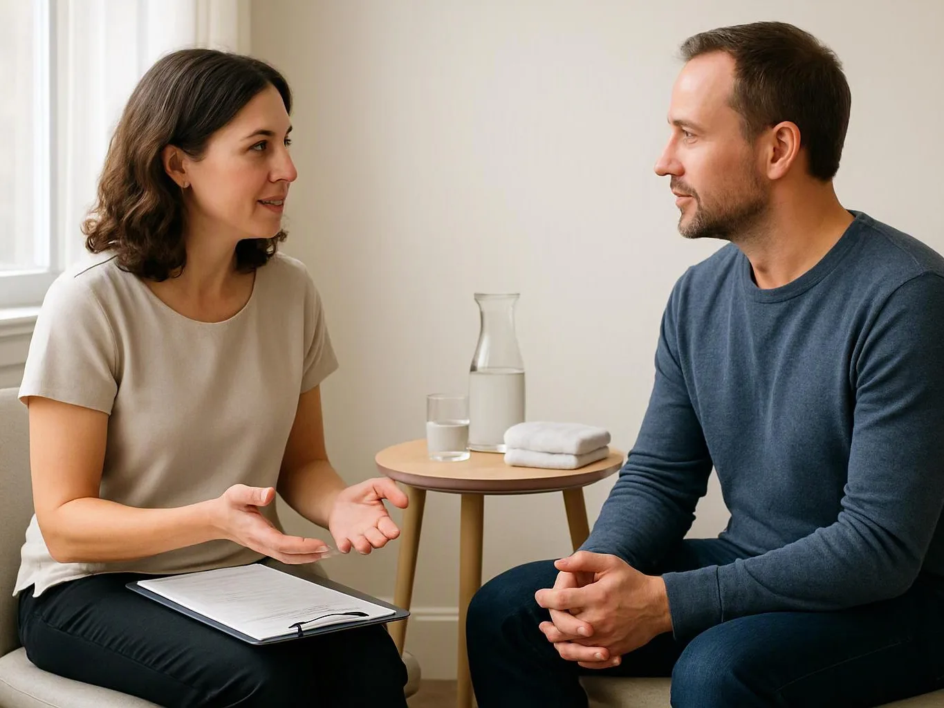A woman speaks with a man in a calm room, a notebook and water glass on a small table between them