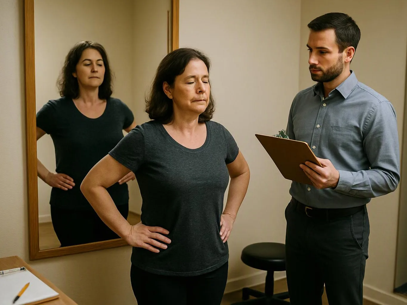 A woman stands with hands on hips while a man holds a clipboard and looks at her in a small room