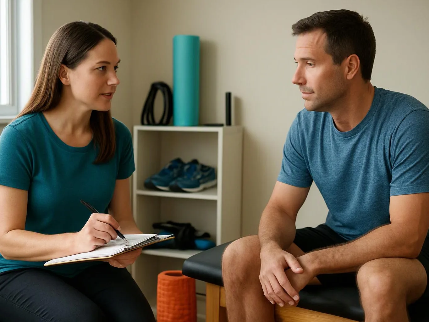 A woman takes notes while talking to a seated man in a bright therapy room