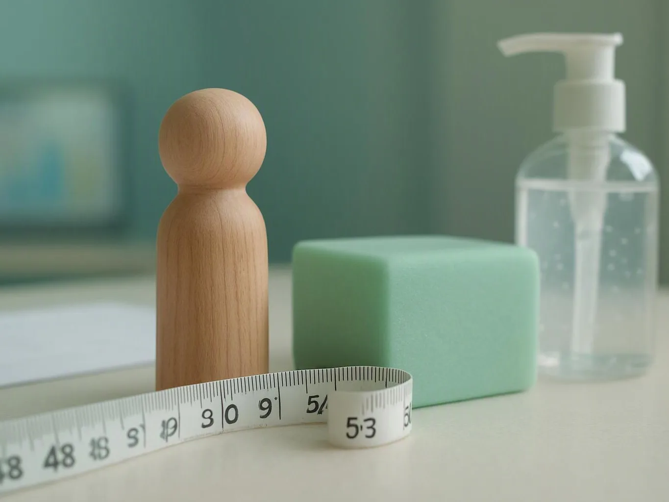 A wooden figure stands beside a green block, with a measuring tape and soap bottle on a bathroom counter
