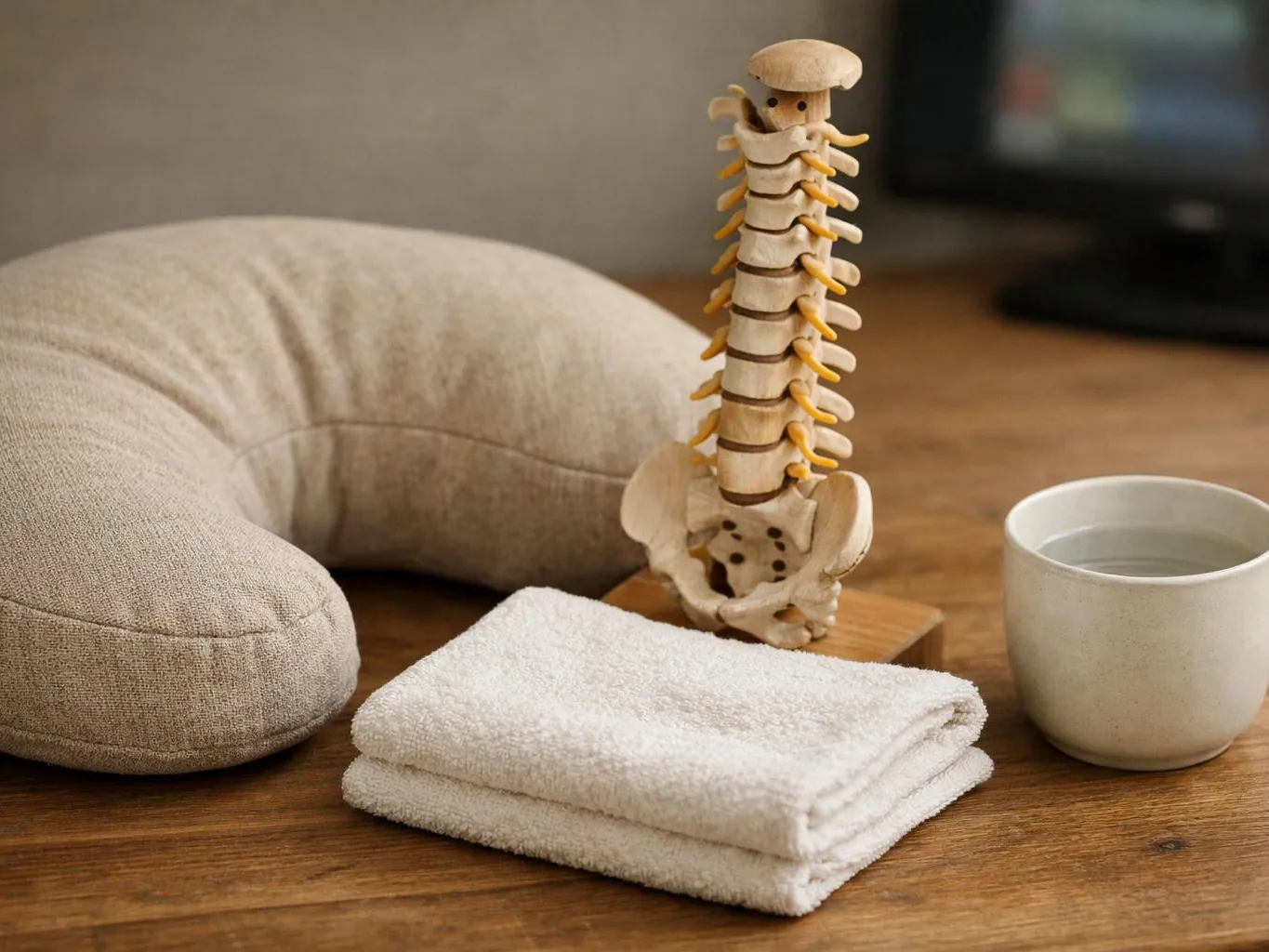 A wooden spine model sits beside a folded towel, neck pillow, and cup on a table