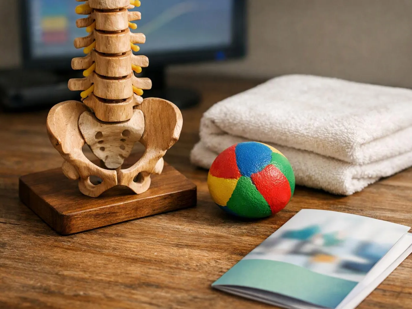 A wooden spine model sits on a desk beside folded towels, a colorful ball, and a brochure