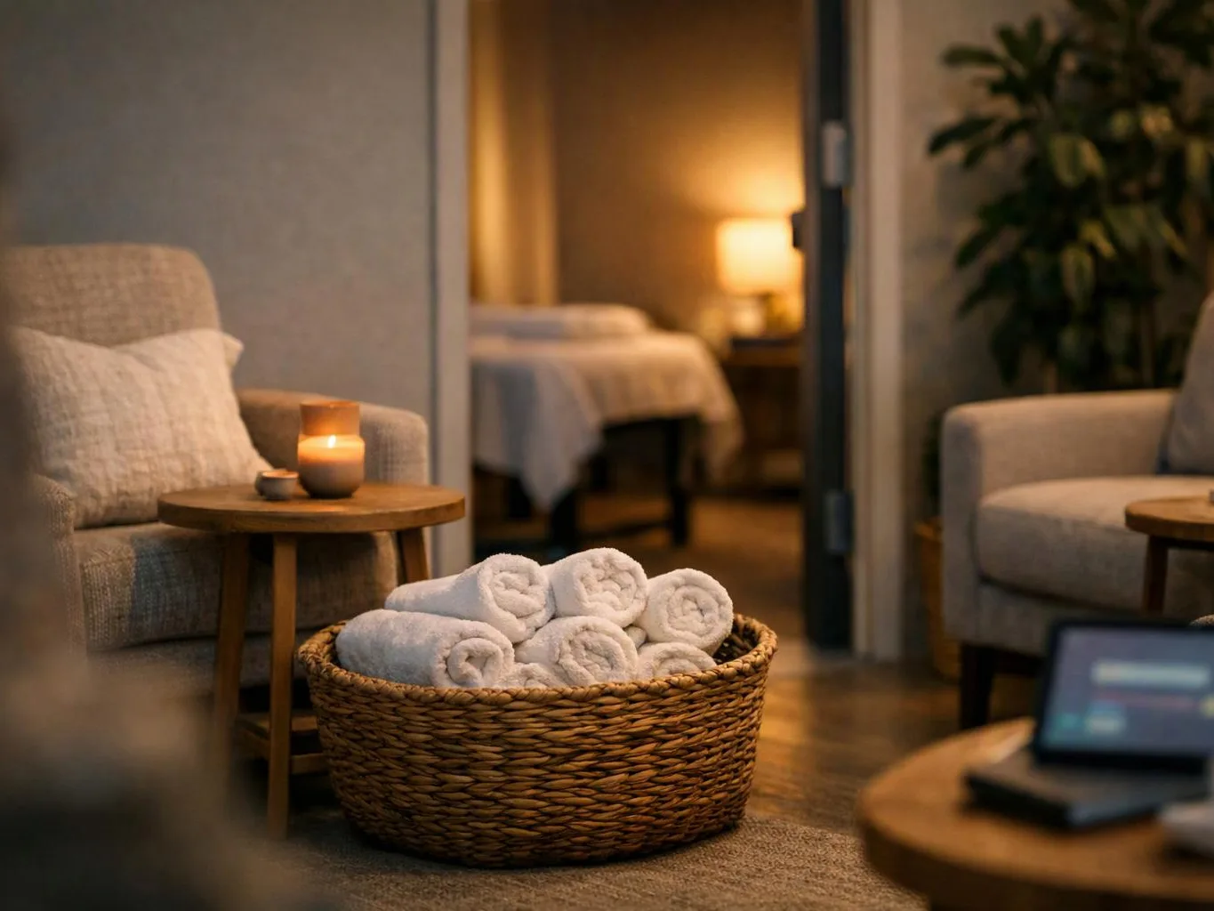 A woven basket of rolled towels sits in a softly lit lounge with chairs, candles, and a bedroom doorway